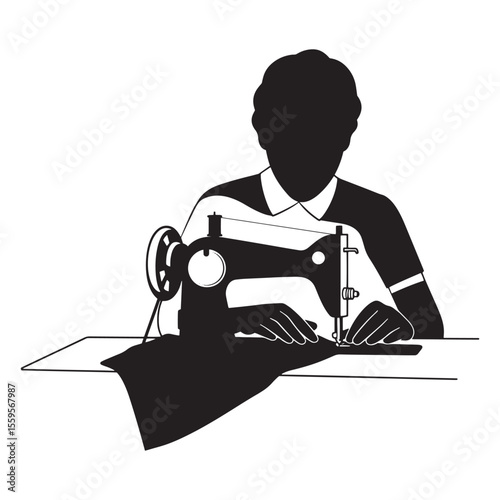 Silhouette of a person using a sewing machine creating fabric patterns and designs