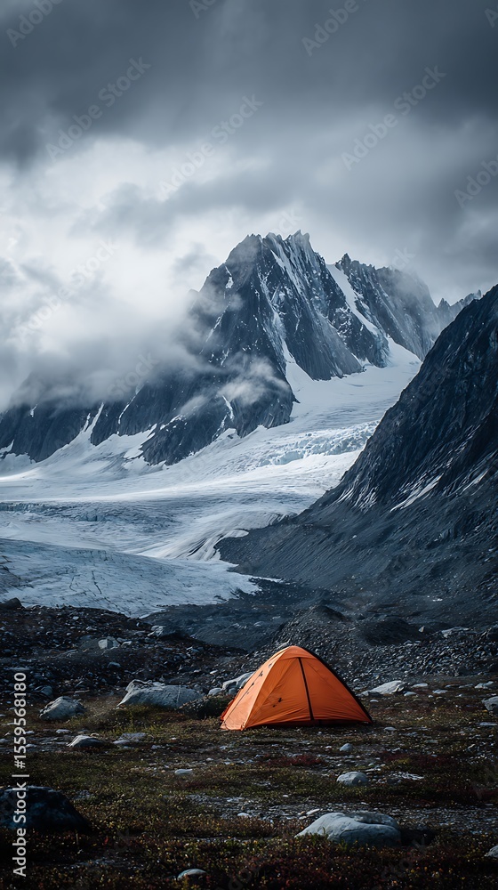 Obraz premium High quality photo of small Orange Tent in a Glacial Landscape.