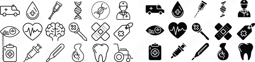 Healthcare and medical icons set, bundle, vector, line art, isolated on transparent background