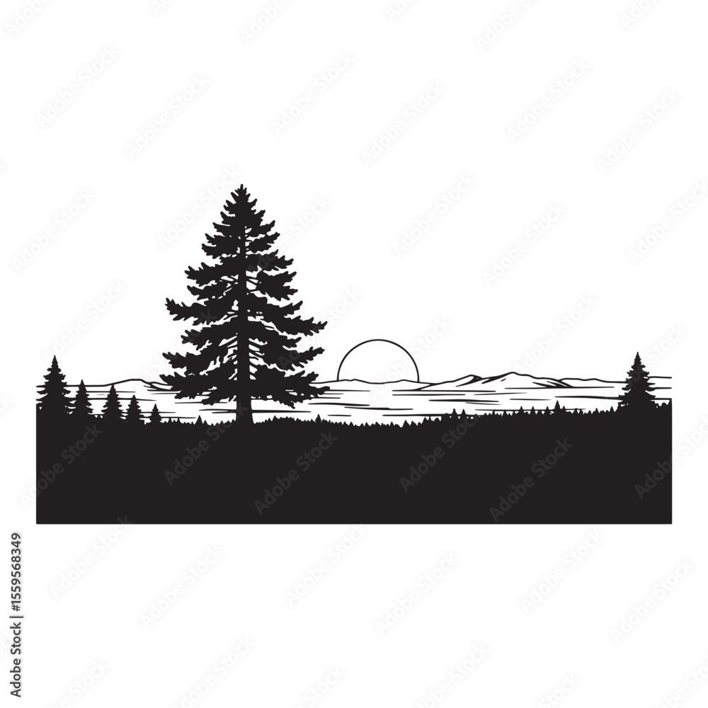 Obraz premium Silhouette of a pine tree and forest with mountains and sunset nature landscape scene