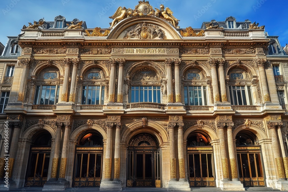 Fototapeta premium Stunning architectural details of an ornate building facade in Paris showcasing historical elegance, Beautiful building facade architecture in Paris city center