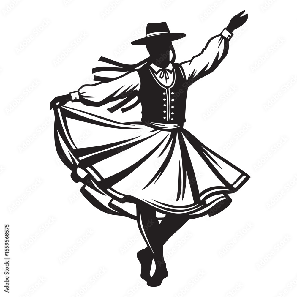 Fototapeta premium Silhouette of a traditional folk dancer in motion vector illustration in black and white