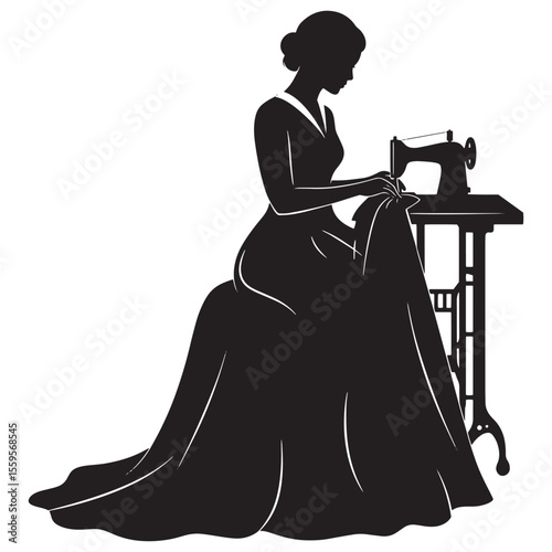 Silhouette of a woman sewing a dress with a vintage sewing machine on white background