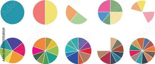Ten colorful pie charts with varying segments on a light blue background