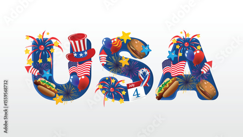 Flat Vector Illustration of USA Theme with Patriotic Elements and American Flag for Independence Day and National Celebration