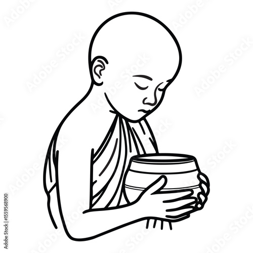 Line art of novice monk holding alms bowl vector