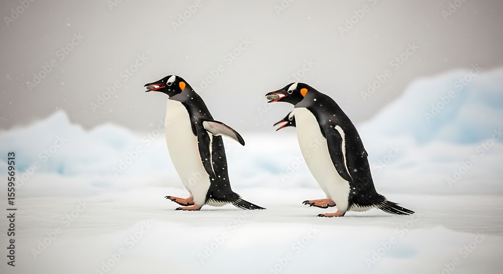 Obraz premium Antarctic Penguins in Motion Catching Prey in Snowy Landscape.