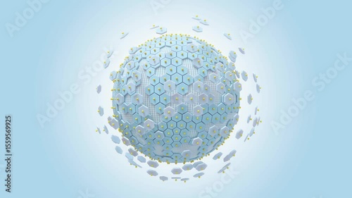 Abstract animation background. Spheres consisting of blue hexagonal shapes, broken or separated into small random areas. Revolves around itself seamless loop. 3D Render.