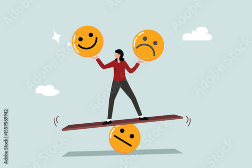 Emotional intelligence, balance emotion control feeling between work stressed or sadness and happy lifestyle concept, mindful calm woman using her hand to balance smile and sad face.