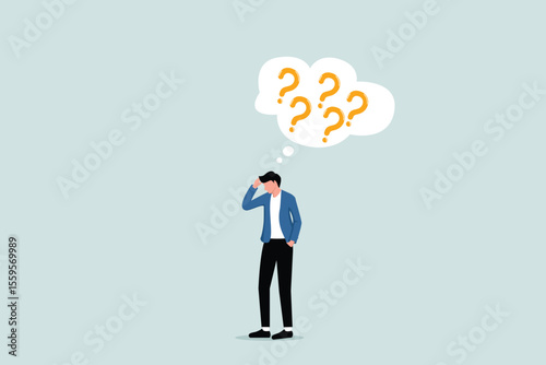 Choosing options or choices, answers to questions or solutions, problem solving, frustrated businessman with a bubble full of question marks thinking and making decisions with lots of question marks.