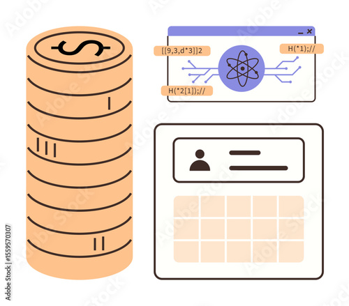 Coin stack representing currency, blockchain diagram for technology, and ID layout for user data. Ideal for finance, technology, security, cryptocurrency, blockchain, data management simple landing