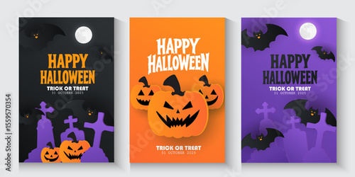 Happy Halloween posters, cards, banner with night clouds pumpkins Full moon and flying bat in paper cut style. collection of Halloween background, flayer, cover, Brochure with copy space for ads promo