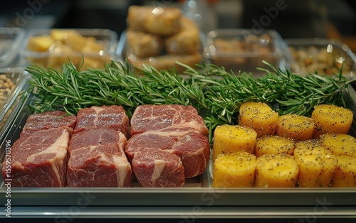 Raw beef cubes and seasoned yellow turnips, garnished with fresh rosemary, in a refrigerated display case