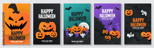 Happy Halloween posters, cards, banner with night clouds pumpkins Full moon and flying bat in paper cut style. collection of Halloween background, flayer, cover, Brochure with copy space for ads promo