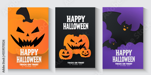 Happy Halloween posters, cards, banner with night clouds pumpkins Full moon and flying bat in paper cut style. collection of Halloween background, flayer, cover, Brochure with copy space for ads promo