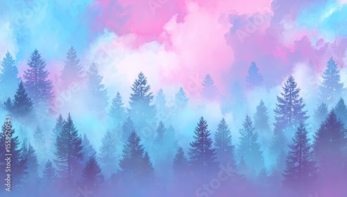 Misty forest landscape with pastel colors