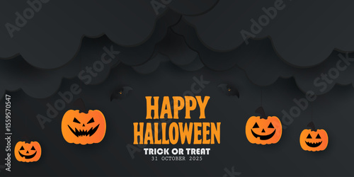 Happy Halloween posters, cards, banner with night clouds pumpkins Full moon and flying bat in paper cut style. collection of Halloween background, flayer, cover, Brochure with copy space for ads promo