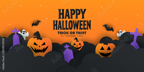 Happy Halloween posters, cards, banner with night clouds pumpkins Full moon and flying bat in paper cut style. collection of Halloween background, flayer, cover, Brochure with copy space for ads promo
