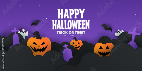 Happy Halloween posters, cards, banner with night clouds pumpkins Full moon and flying bat in paper cut style. collection of Halloween background, flayer, cover, Brochure with copy space for ads promo