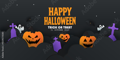 Happy Halloween posters, cards, banner with night clouds pumpkins Full moon and flying bat in paper cut style. collection of Halloween background, flayer, cover, Brochure with copy space for ads promo