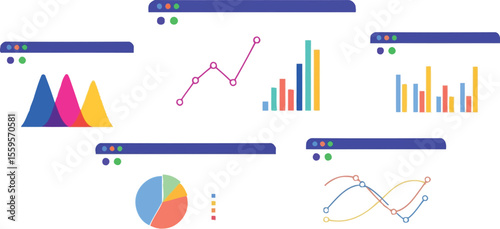 Various graphs and charts displayed in browser windows on light background