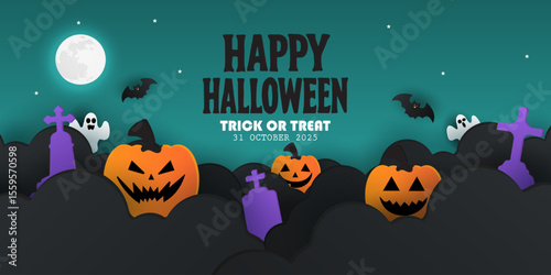 Happy Halloween posters, cards, banner with night clouds pumpkins Full moon and flying bat in paper cut style. collection of Halloween background, flayer, cover, Brochure with copy space for ads promo