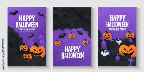 Happy Halloween posters, cards, banner with night clouds pumpkins Full moon and flying bat in paper cut style. collection of Halloween background, flayer, cover, Brochure with copy space for ads promo