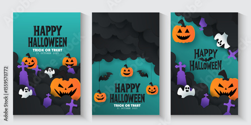 Happy Halloween posters, cards, banner with night clouds pumpkins Full moon and flying bat in paper cut style. collection of Halloween background, flayer, cover, Brochure with copy space for ads promo