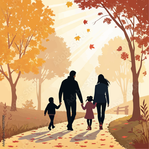 Family Walking Amid Autumn Leaves