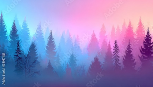 Misty forest landscape with vibrant colors