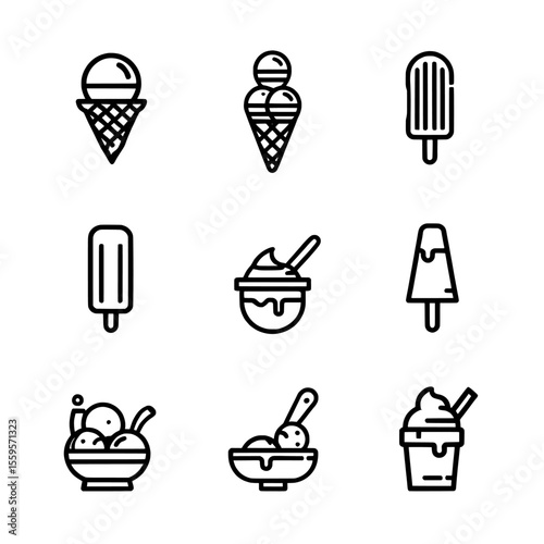Collection of various ice cream desserts in outline style vector on white background , transparent background , no background