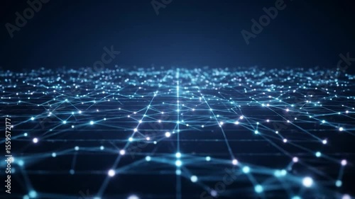 Abstract network glowing nodes and connections forming a grid pattern on a dark blue background