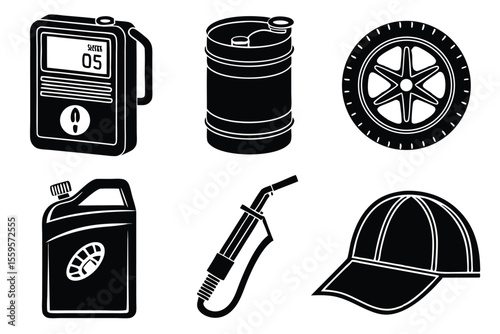 Black car garage icons fuel can tire gas nozzle cap