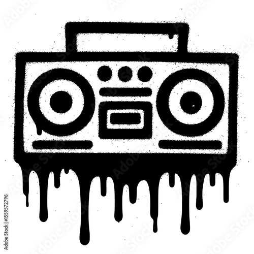Isolated Black Graffiti Style Boombox with Dripping Paint Effect