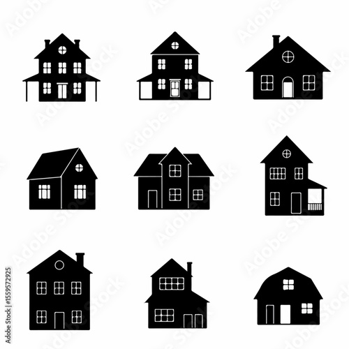Black House Silhouette Icons Set