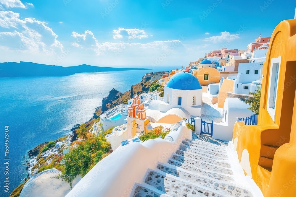 Naklejka premium Breathtaking aerial view of Santorini showcasing its iconic architecture and stunning ocean backdrop, Scenic aerial view of Santorini island greek resort Travel to Greece background