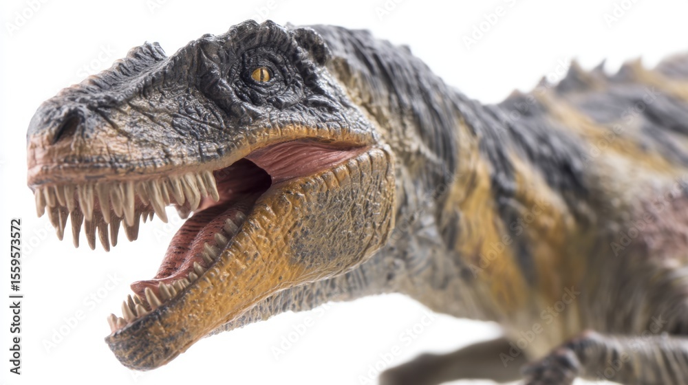 Fototapeta premium Detailed toy model of a fierce Tyrannosaurus rex head with open mouth, sharp teeth, intense yellow eyes, textured scaly skin, dark gray, brown, and pink hues.