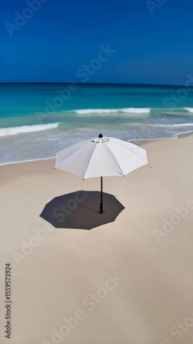 Solitary white sun umbrella casts shadow on light sand beach with turquoise ocean waves under vibrant blue sky backdrop