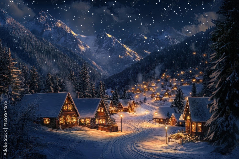 Fototapeta premium Cozy cottages in a snowy mountain village illuminated by twinkling lights at night, Snowy mountain village with cozy cottages and twinkling lights on a winter night Holiday concept
