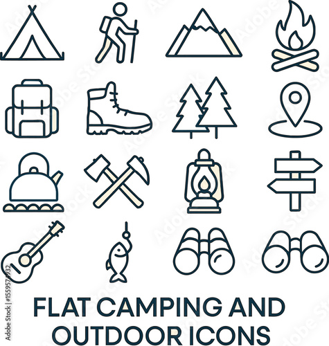 Flat camping and outdoors icons 