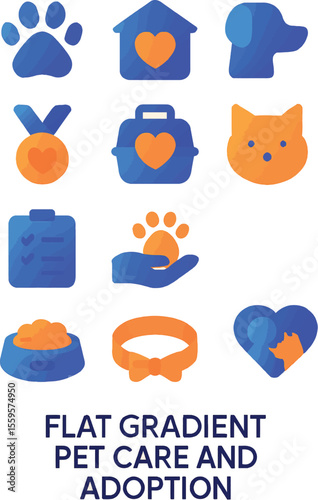 Flat gradient icons for petcare and adoption 