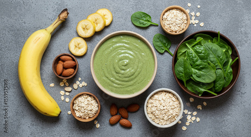 Overhead View of Healthy Green Smoothie with Fresh Ingredients Banana Oatmeal and Spinach in Brown Bowls