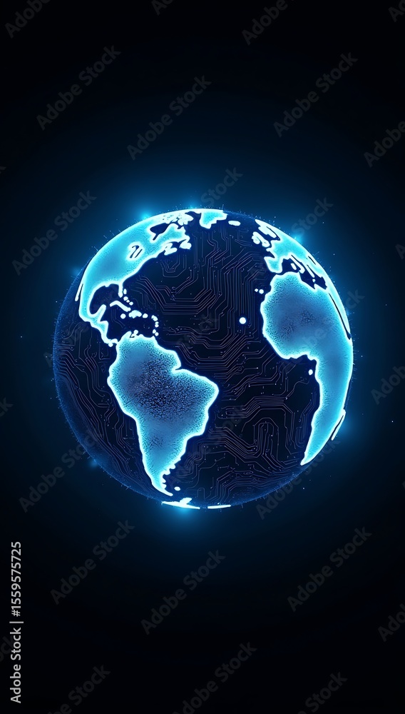 Obraz premium A spherical Earth icon composed entirely of glowing circuit board lines and nodes, floating in clean space — symbolizing global connectivity and digital globalization.