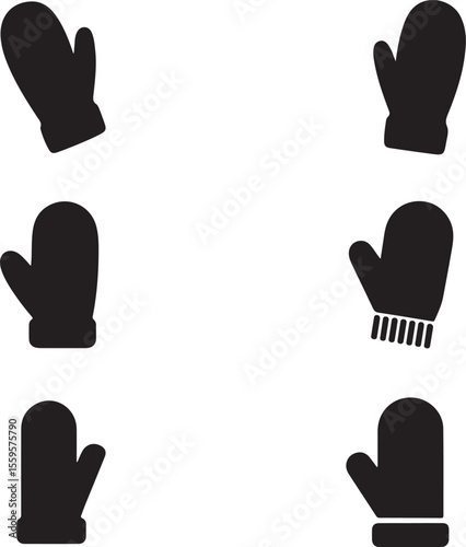 Collection of solid black Mittens on white background