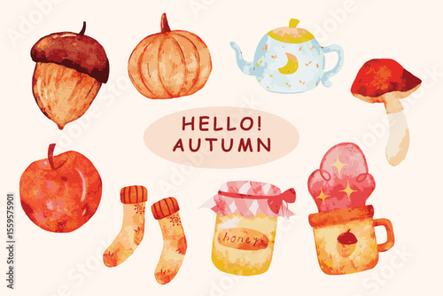 Watercolor hand drawn elements collection for autumn celebration printable