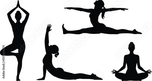 Yoga silhouette vector with flexibility and meditative fitness poses of women on white background