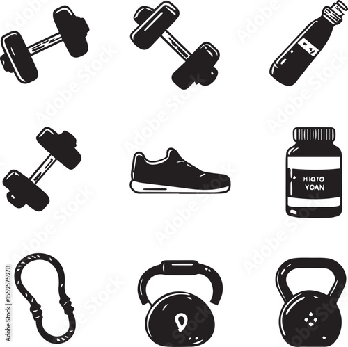 Weight training icons outline black and white icons 