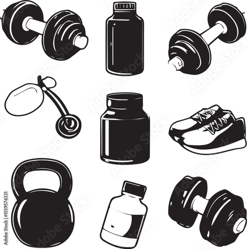 Weight training icons outline black and white icons 