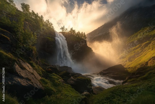 Majestic Latefossen Waterfall at Dusk in Odda, Norway with Lush Greenery Surrounding the Cascading Water, Latefossen Waterfall Odda Norway Latefoss is a powerful, twin waterfall