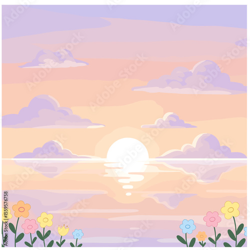 Pastel Sunset over Calm Water with Blooming Flowers